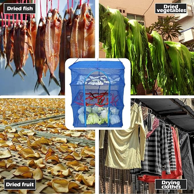 Drying Rack 4 Layers Folding Mesh, Foldable Nylon Netting, Hanging Drying Net, for Shrimp, Fish, Fruit, Vegetables, Herb, with Zipper Opening - Blue (25.59X13.78X13.78 in)-Ruum Studio Home
