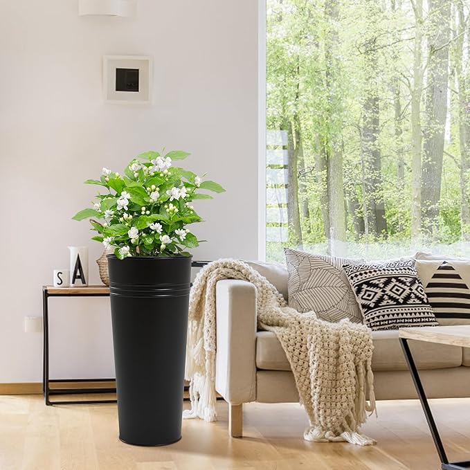 KOL 28'' Tall Galvanized Steel Planter Pot - Flower Pot with Water Level Indicator for Plants - 2-Pack Self Watering Planters - Round Black Powder Metal Planter Box - Indoor Outdoor Grande Plant-Ruum Studio Home