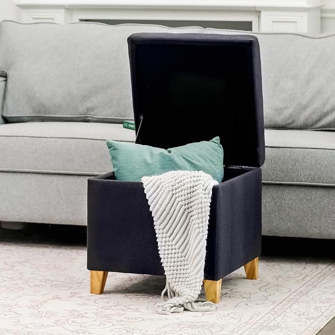 Adeco Fabric Storage Ottoman Bench with Solid Wood Legs, 17.7" Square Dark Grey Cotton Linen Cube Foot Stool, Upholstered Button Tufted Vanity Chair with Hinged Lid for Living Room, Bedroom, Dorm-Ruum Studio Home