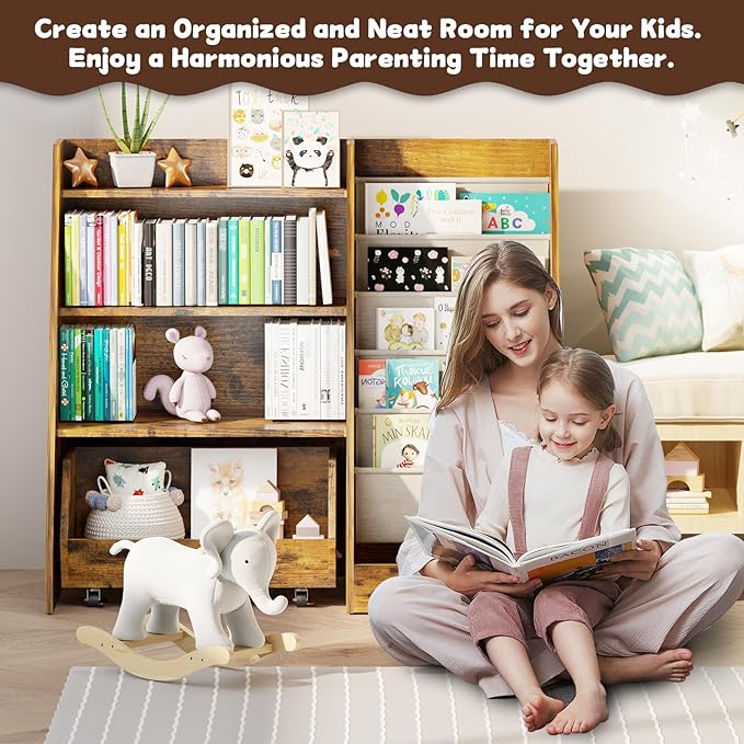 COZPAW Kids Bookshelf and Toy Storage, 4 Tier Toddler Bookshelf with Movable Drawer 5 Sling Pockets, Montessori Book Shelf for Kids Room, Playroom, Nursery (Brown)-Ruum Studio Home