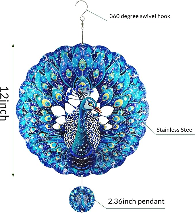 Peacock Gifts for Women, Peacock Wind Spinner Garden Decor, 12 inch 3D Hanging Wind Spinners Outdoor-Ruum Studio Home