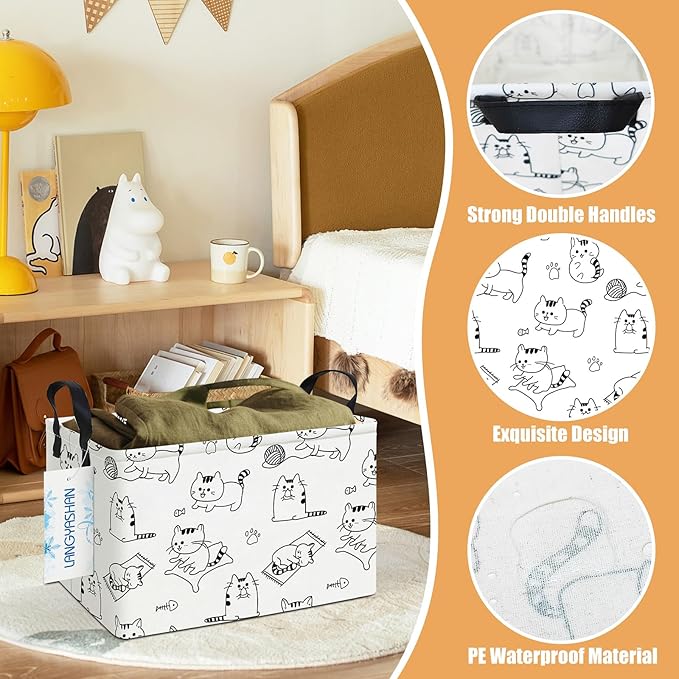 LANGYASHAN Rectangular Storage Bin Collapse Canvas Fabric Cartoon Storage Basket with Handles for Organizing Home Kitchen Boys and Girls Toys Office Closet Shelf Baskets (Rec Cat)-Ruum Studio Home
