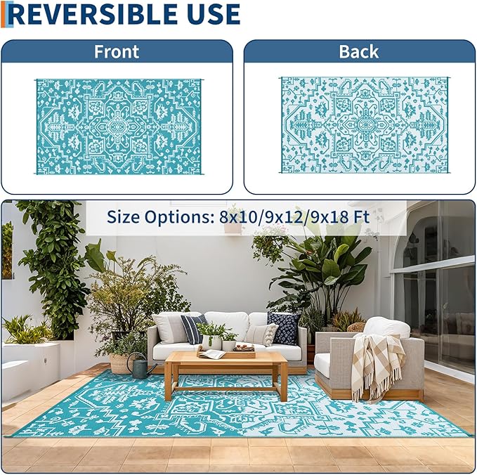 Waterproof Outdoor Rug 9x18 Reversible Plastic Straw Patio Rug, Stain-Resistant Vintage Medallion Carpet, Large Indoor Outdoor RV Mat for Deck, Camping, Balcony, Light Blue/White-Ruum Studio Home