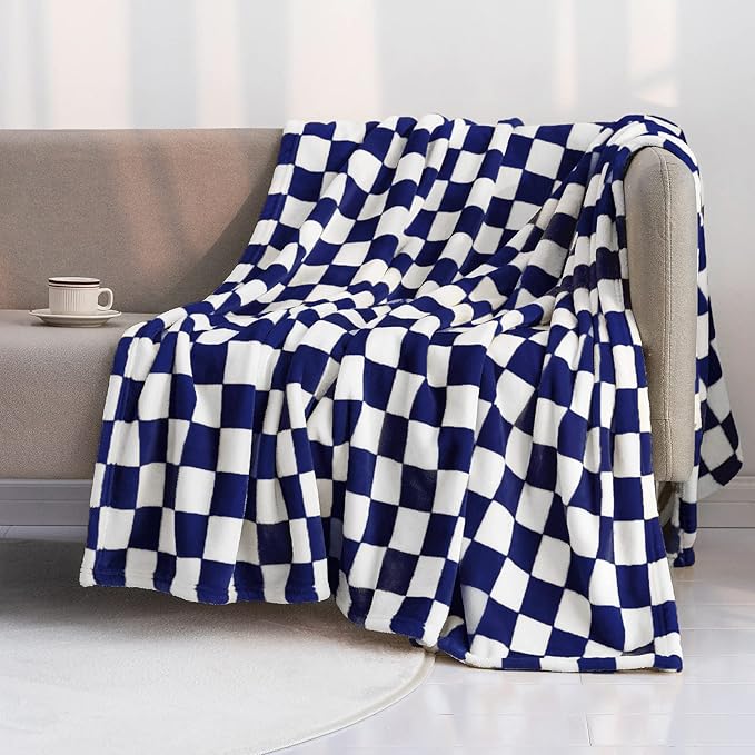 LOMAO Throw Blankets Flannel Blanket with Checkerboard Grid Pattern Soft Throw Blanket for Couch, Bed, Sofa Luxurious Warm and Cozy for All Seasons (Dark Blue, 50"x60")-Ruum Studio Home