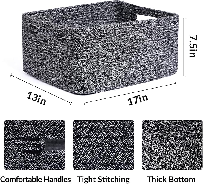Large Storage Baskets for Organizing, Closet Shelf Baskets for Clothes Blanket Towels, Baby Nursery, Toy Bins Box, Woven Rope Baskets, 17 x 13 x 7.5”, 4 Packs Dark Gray-Ruum Studio Home
