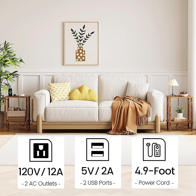 TUTOTAK End Table with Charging Station, Small Side Table with Outlets, Nightstand Bedside Table, 2-Tier Storage Shelf for Small Space, Living Room, Bedroom, Brown TB01BB040C-Ruum Studio Home