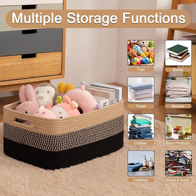 Large Storage Basket for Organizing, Woven Rope Basket for Shelves, Closet Organizer Bins for Clothes, Blanket, Toys, Baby Nursery Storage, 17.7" x 13" x 7.87", 2 Packs Black & Brown-Ruum Studio Home