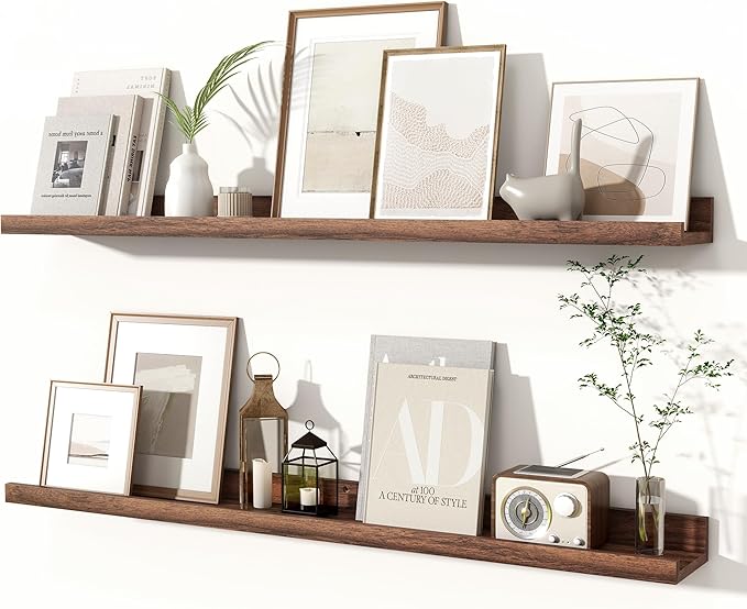 Fun Memories Picture Ledge Shelves Set of 2, 36 Inch Rustic Wall Mounted Floating Shelves with Lip for Home Storage and Décor in Bathroom, Kitchen, Nursery, Bedroom, Living Room, Walnut-Ruum Studio Home