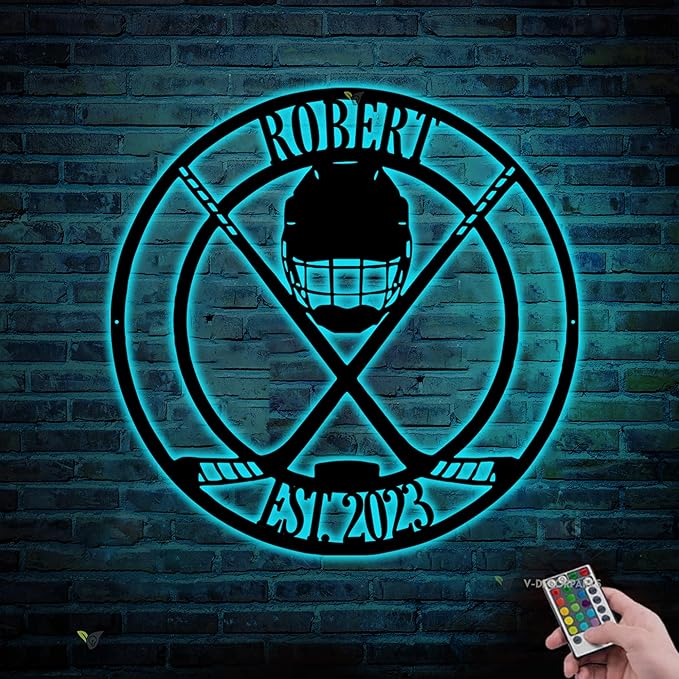 Custom Hockey Medal Holder - Personalized Hockey Wall Sign, Medal Hanger Display Rack with LED Light, Hockey Decor for Boys, Man Cave, Players, Coaches, Fans Gift-Ruum Studio Home