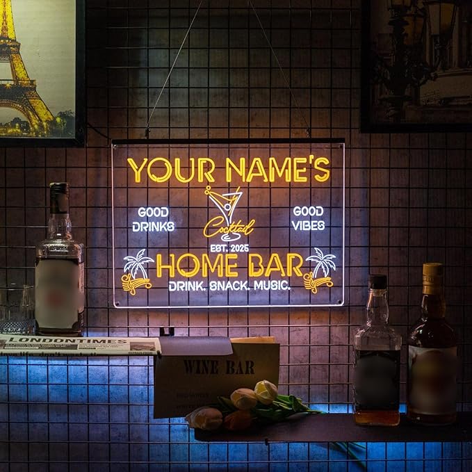 Personalized Cocktail Bar Signs with Your Name for home wall light up with personalized pub name, man cave accessories, beer themed neon customizable lighted sign-Ruum Studio Home