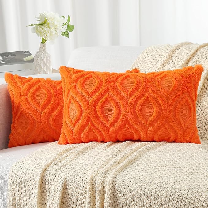 decorUhome Fall Throw Pillow Covers 12x20 Inch Set of 2, Soft Plush Decorative Faux Fur Orange Solid Couch Pillow Covers, Accent Farmhouse Neutral Lumbar Euro Pillow Cases for Sofa Bed Living Room-Ruum Studio Home