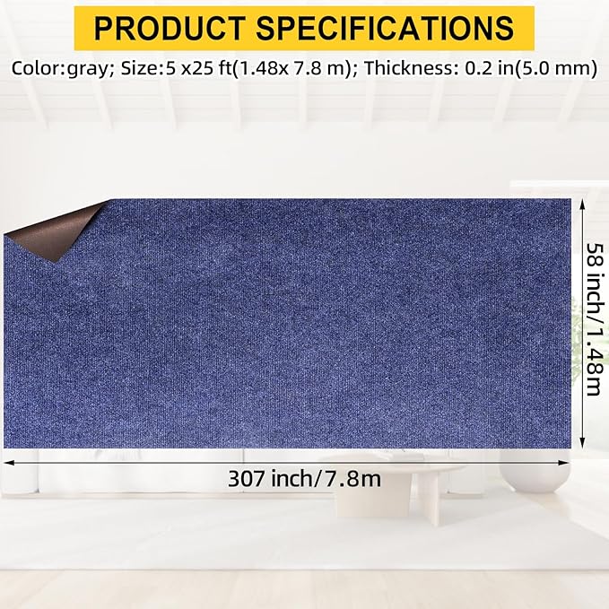 Marine Carpet,5 FT x 25 FT Deep Blue Indoor Outdoor Carpet 0.2" Thick Boat Carpet with Water-Proof TPE Backing, Non-Slide Outdoor Marine Carpet Roll for Home, Patio, Porch, Deck-Ruum Studio Home