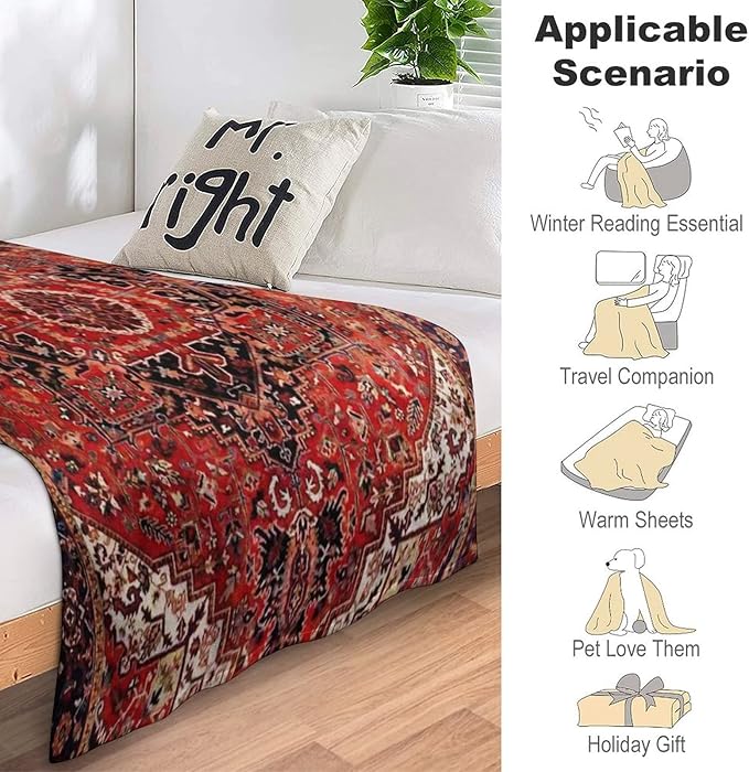Heriz Antique Vintage Boho Persian Carpet Flannel Fleece Throw Blankets 50"X40" Lightweight Fluffy Winter Fall Blanket Cozy Soft Fuzzy Plush Home Decor for Couch Bed Sofa Bedroom Living Room Travel-Ruum Studio Home