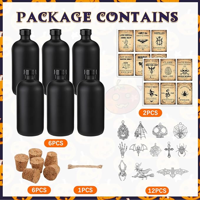 Uiifan 31 Pcs Halloween Potion Bottles Set Including Glass Apothecary Bottles with Cork Stickers and Pendants Halloween Decorations Indoor Party Supplies(Black,16 oz)-Ruum Studio Home