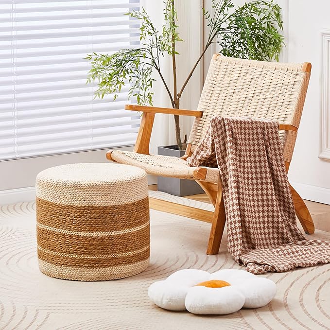 Wimarsbon 18'' Ottoman Pouf, Natural Braided Poof, Rustic Handweave Lounge Pouffe, Boho Footrest Stool for Bedroom, Accent Table or Seat for Living Room-Ruum Studio Home