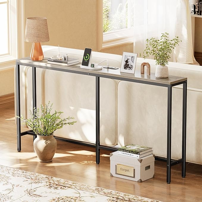 SUPERJARE Console Table with Outlet, 63 Inch Sofa Table with Charging Station, Narrow Hallway Entryway Table, Behind Couch Table, for Living Room, Oak-Ruum Studio Home