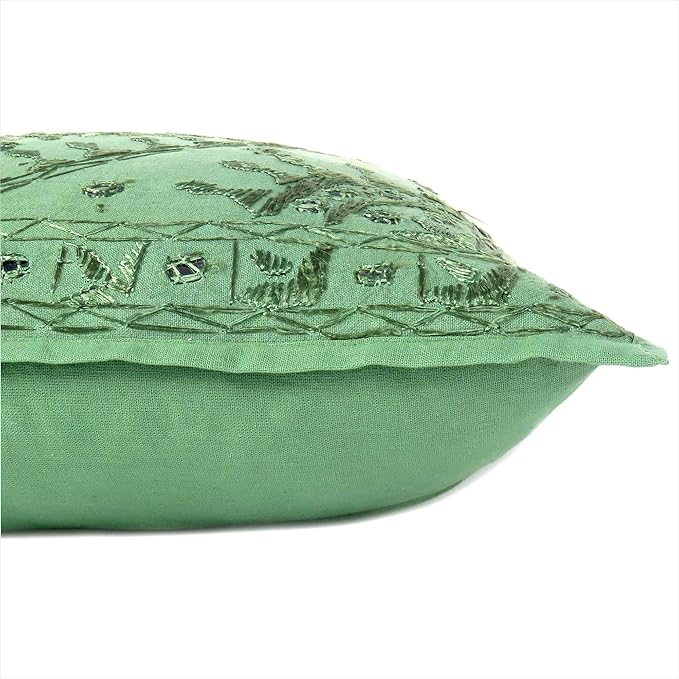 Eyes of India Embroidered Decorative Boho Throw Pillow Cover with Mirrors, Handmade Bohemian Accent Cushion Case for Sofa Couch Bedroom Living Room (Green, 24" x 24")-Ruum Studio Home