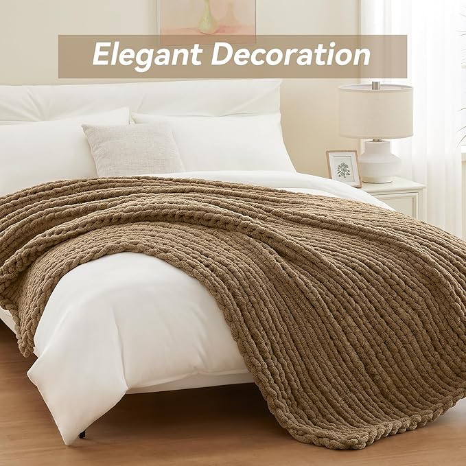 Chunky Knit Throw Blanket, 60''*80'' Knitted Throw Chenille Yarn for Bed Couch, Handmade Light Brown Crochet Big Thick Blanket, Machine Washable Cute Comfy Blanket for Home Decor-Ruum Studio Home