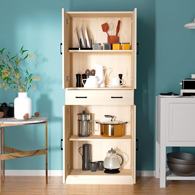 71" Tall Oak & Rattan Pantry Cabinet - Boho Chic Kitchen Storage with Doors & Drawer for Dining Room, Hallway or Kitchen Organization-Ruum Studio Home