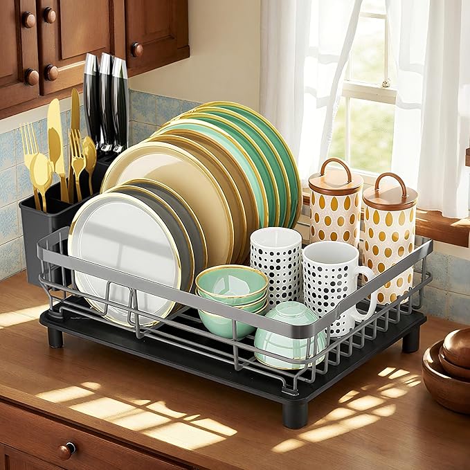 MOUKABAL Dish Drying Rack, Dish Rack, Large Dish Racks for Kitchen Counter, Drying Rack Kitchen with Removable Utensil Holder, Drainboard (Grey/Gray)-Ruum Studio Home