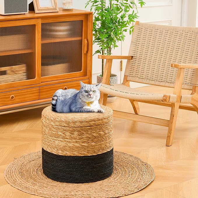 Wimarsbon 18'' Ottoman Pouf, Natural Braided Poof, Rustic Handweave Lounge Pouffe, Boho Footrest Stool for Bedroom, Accent Table for Living Room (Storage - 18inch Cattail+Black Corn Husk L)-Ruum Studio Home