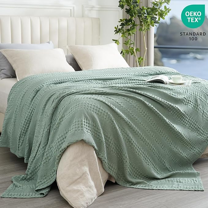 PHF Cooling Waffle Blanket Queen Size, Lightweight 60% Rayon Derived from Bamboo & 40% Cotton Breathable Blanket for Hot Sleepers, Soft and Luxury for Bed Couch and Sofa, 90"x90", Sage Green-Ruum Studio Home