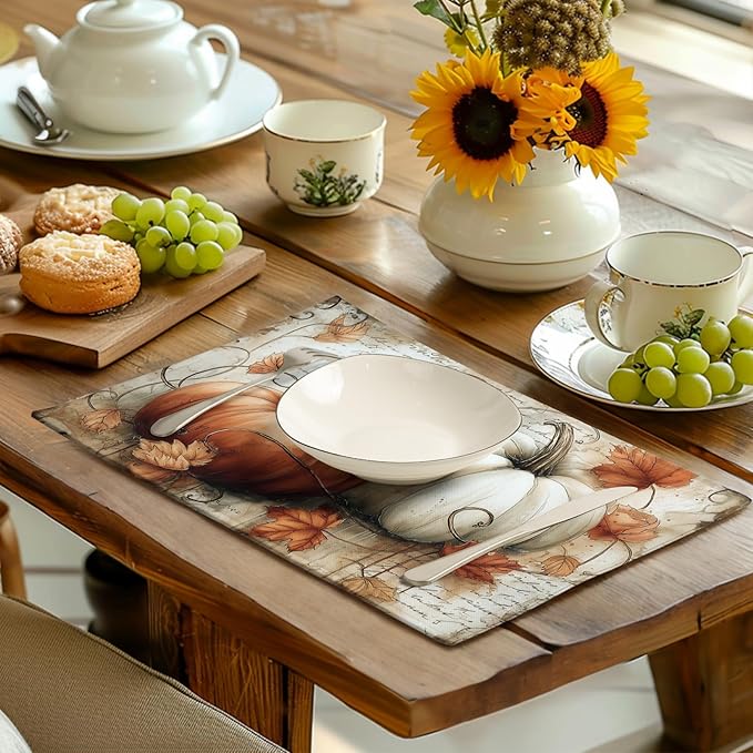 Fall Vintage Pumpkin Leaves Placemats Set of 4 Autumn Thanksgiving Harvest Linen Dinner Place Mats 12x18 Burnt Orange and White Rustic Farmhouse Decorative Kitchen Table Mats-Ruum Studio Home
