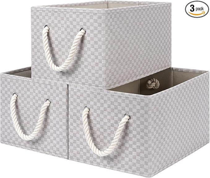 StorageWorks Storage Baskets for Shelves, Foldable Fabric Closet Storage Bins with Handles, Fabric Storage Bins Clothes Organizer, Khaki Check, 3-Pack, Large-Ruum Studio Home