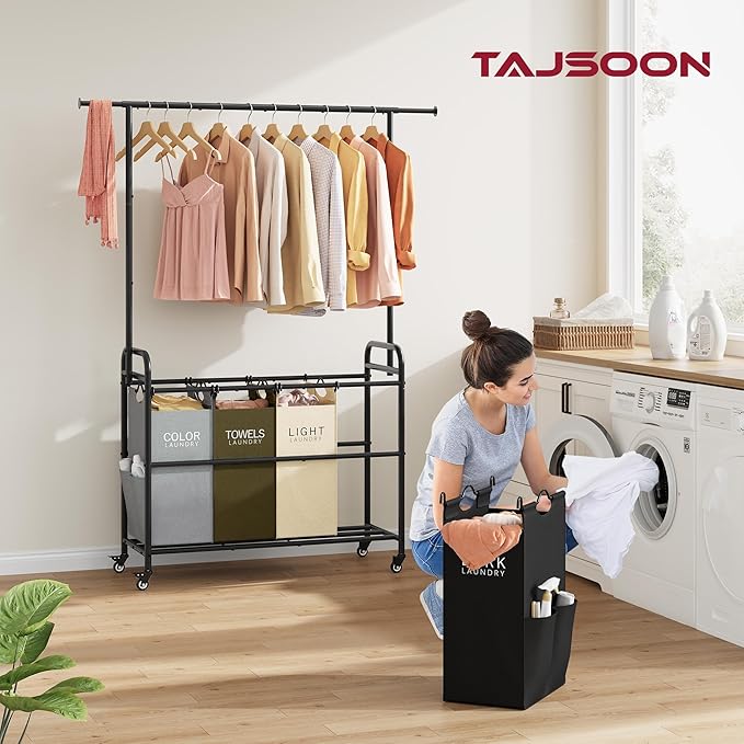 Tajsoon Laundry Sorter Cart with Hanging Clothes Rack, 4 Butler Sorter Basket Organizer, Laundry Hamper Cart with Heavy Duty Rolling Lockable Wheels, 4 Colors-Ruum Studio Home