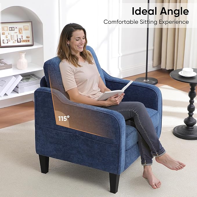 Accent Chairs Set of 2, Upholstered Living Room Chairs with Side Pockets, Mid Century Modern Reading Chair for Bedroom, Comfy Armchair Single Sofa Side Chair for Office, Small Room, Blue-Ruum Studio Home