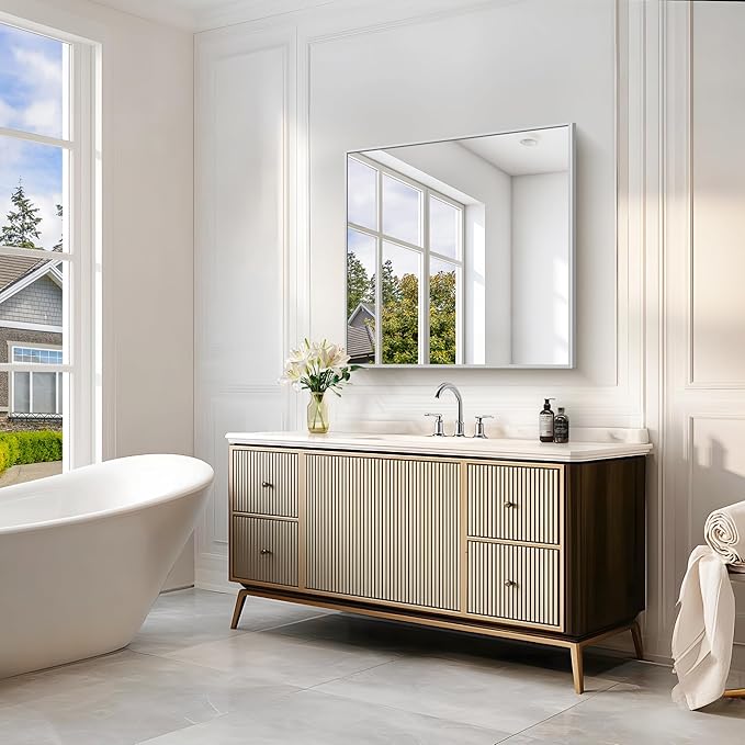 Silver Bathroom Mirror for Wall, 30x30 Inch Rectangle Mirrors with Metal Frame, Modern Vanity Wall Mirror Decor for Bathroom Living Room, Entryway Hangs Horizontal or Vertical-Ruum Studio Home