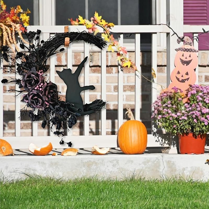 Halloween Wreaths for Front Door with Light, Black Cat on Moon Garland with Rose Wreath Decor, Halloween Decorations Crescent Moon Wreath for Home Party Window Wall Indoor Outdoor (black flower)-Ruum Studio Home