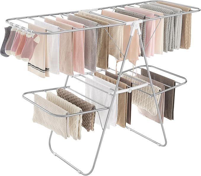 SONGMICS Clothes Drying Rack, Foldable 2-Level Laundry Drying Rack, Free-Standing Laundry Airer, with Height-Adjustable Wings, 33 Drying Rails, Sock Clips, Silver and White ULLR053W01V1-Ruum Studio Home