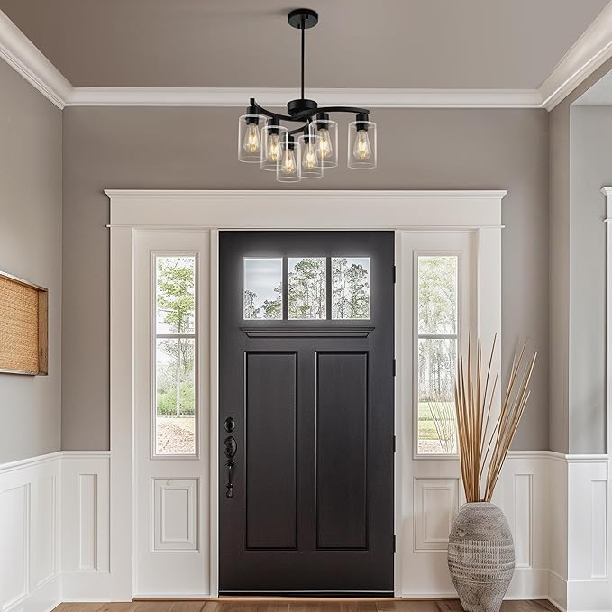 6 Light Modern Farmhouse Chandelier，Black Dining Room Light Fixture，Kitchen Pendant Lights Over Island with Glass Shade-Ruum Studio Home