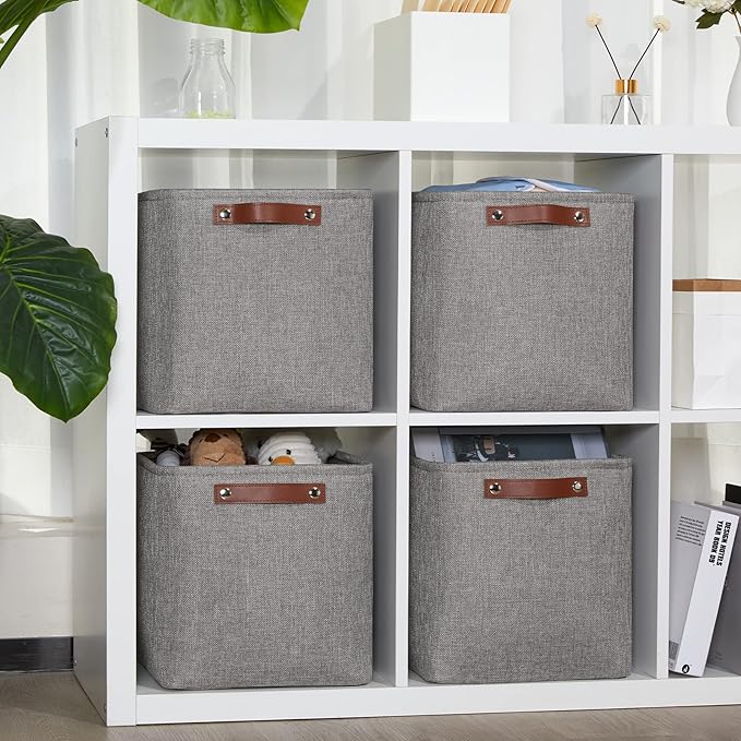 DULLEMELO Square Storage Cubes Baskets for Gifts Empty, 11 inch Cube Stroage Bins Linen Closet Organizers and Storage Baskets for Toy Nursery Shelves Bedroom Storage(4 Pack - 11" Grey)-Ruum Studio Home