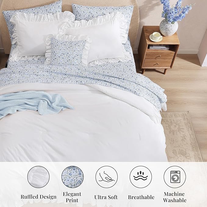 Full Comforter Set - 7 Pieces Ruffle White Bedding Sets, Shabby Chic Farmhouse Bed in a Bag Full with Ruffle Comforter, Floral Sheets, Pillowcases & Shams-Ruum Studio Home