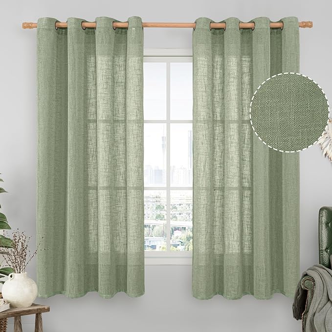LAMIT Sheer Linen Curtains 63 inches Long for Bedroom, Bronze Grommet Linen Drapes Light Filtering Semi Sheer Curtains for Small Window/Farmhouse, 2 Panels (52 x 63 Inch, Sage Green)-Ruum Studio Home