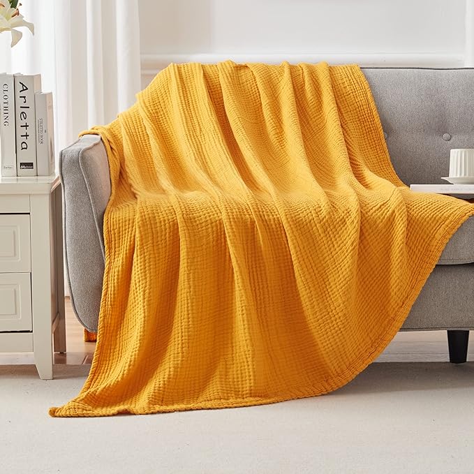 EMME Cotton Blanket Queen Size for Bed Soft Large Muslin Bed Blankets 90"x90" Lightweight Breathable All Season Gauze Blanket, Mustard Yellow-Ruum Studio Home