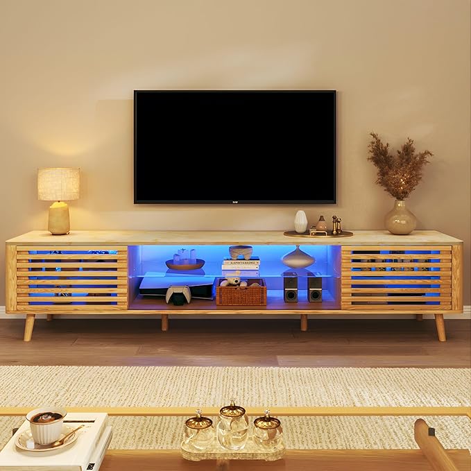 70" Mid Century Modern TV Stand for 55/65/75 Inch TV, Faux Marble Top Entertainment Center with Slatied Sliding Door & LED Lights, Low TV Console with Glass Shelves for Bedroom, Living Room-Ruum Studio Home