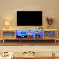 70" Mid Century Modern TV Stand for 55/65/75 Inch TV, Faux Marble Top Entertainment Center with Slatied Sliding Door & LED Lights, Low TV Console with Glass Shelves for Bedroom, Living Room-Ruum Studio Home