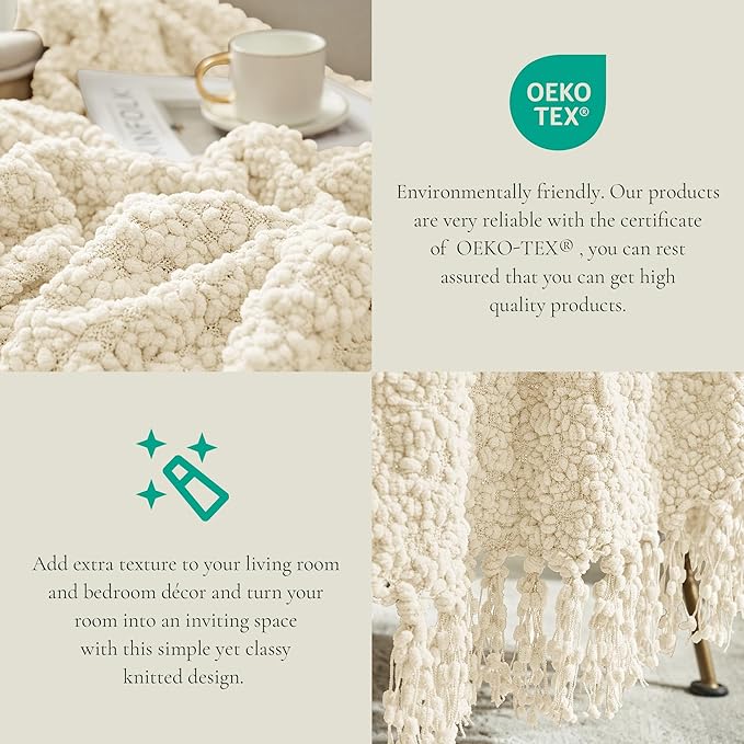 Amélie Home Knit Throw Blanket with Tassels for Couch, Luxury Boho Throw Blanket for Summer Ivory, 50"x60"-Ruum Studio Home