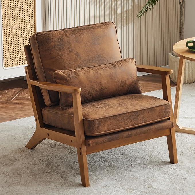 Karl home Accent Chair Wide Armrest Mid-Century Lounge Chair Bronzing Cloth Armchair with Lumbar Pillow & Solid Wood Frame for Living Room, Bedroom, Balcony, Brown-Ruum Studio Home
