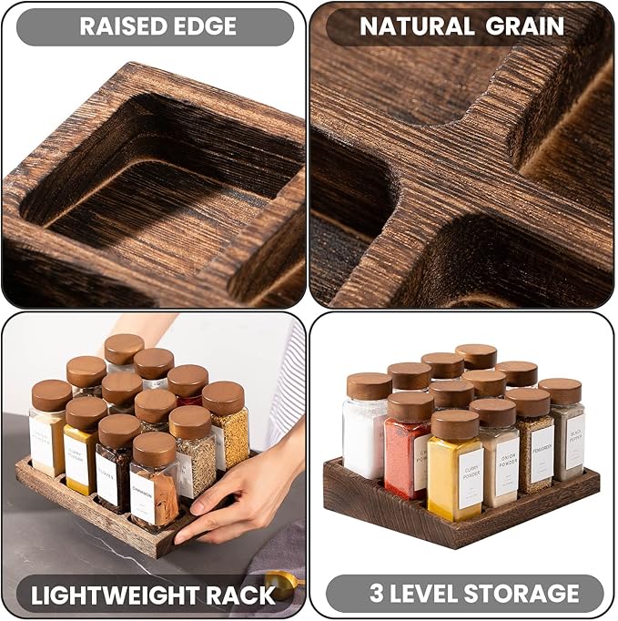 Yangbaga 24Pcs Glass Spice Jars with Labels-4oz Acacia Wood Lid Square Spice Containers and 2pcs Rack with Pepper Grinder Lids &Funnel,Seasoning Jars for Rack Cabinet Drawer-Ruum Studio Home