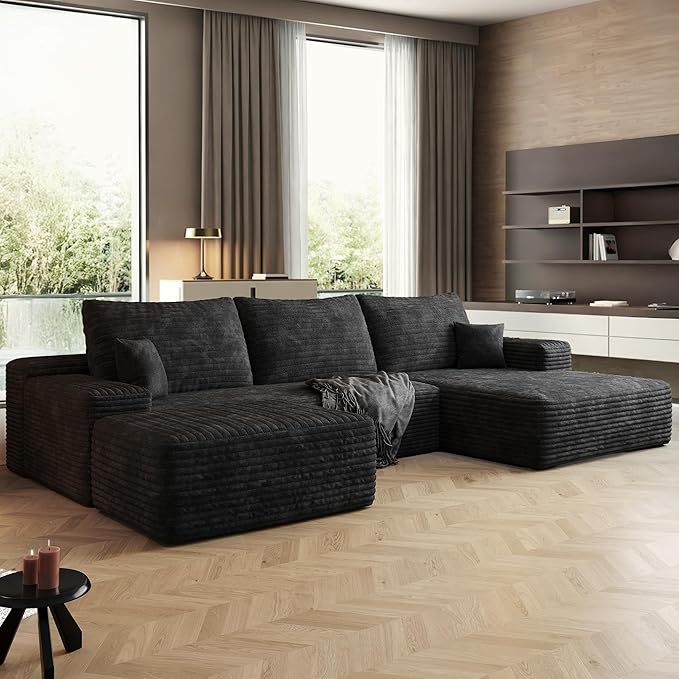 108" Sectional Couches for Living Room Modern Modular Sofa with L-Shape Couchs Upholstered Boneless Couch Deep Seat Sectional Couch with Chaise (Black, Right Facing Chaise+2Seaters+1Ottoman)-Ruum Studio Home