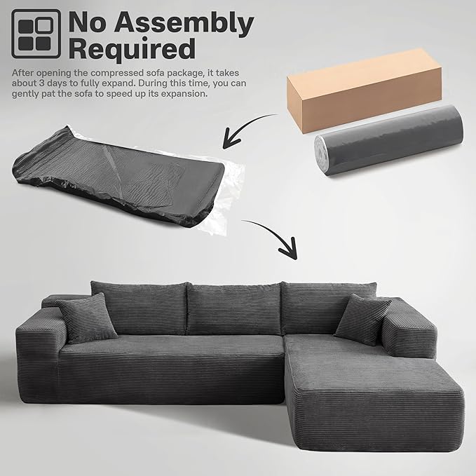 104" Cloud Sectional Couches for Living Room,L Shaped Boneless Couch in A Box,Sleeper Sofa with Comfy Chaise No Assembly Required,Grey-Ruum Studio Home