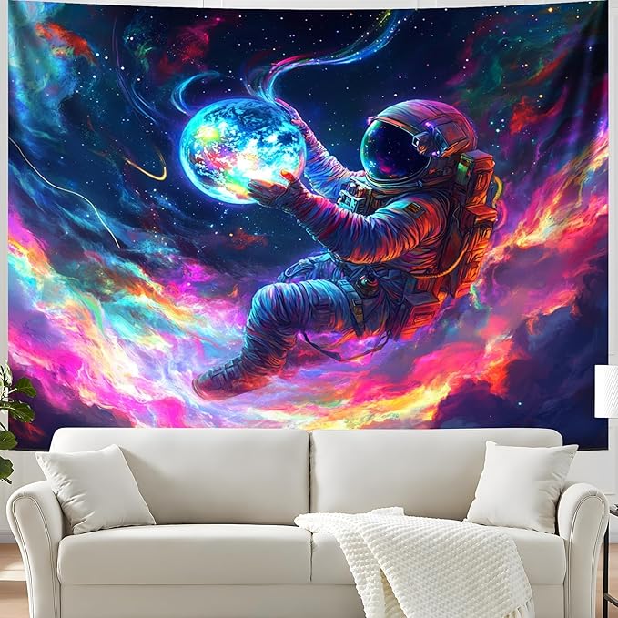 BVBOX Astronaut Space Blacklight Tapestry 79"x59", UV Reactive Floating Astronaut Iridescent Cloud Universe Galaxy Planet Glow in Dark Tapestries, Black Light Neon Upright Poster Wall Hanging Backdrop Decor for Bedroom Living Room-Ruum Studio Home