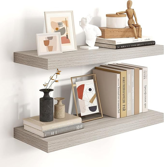 Heimlove 24 inch Floating Shelves for Wall,9.3 inch deep Grey Bathroom Over Toilet Shelf,Wall Mounted Rustic Wood Shelves for Bedroom,Living Room,Kitchen,Office Decor Set of 2-Grey-Ruum Studio Home