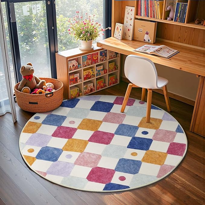 jinchan Round Rug 5ft Kids Washable Rug Indoor Floor Cover Non-Slip Soft Elementary School Classroom Modern Colorful Diamond Carpet for Nursery Daycare Bedroom Playroom Living Room Berries on Cream-Ruum Studio Home