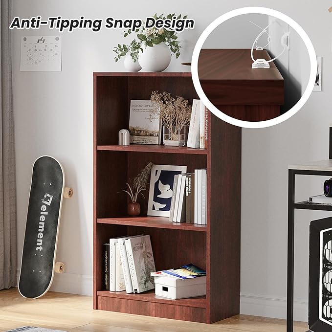 Bookshelf, Open Modern Bookshelf, 3 Shelf Bookcase with Freestanding Display Storage, Wooden Book Shelf for Bedroom, Living Room, Dinning Room, Office, Brown-Ruum Studio Home