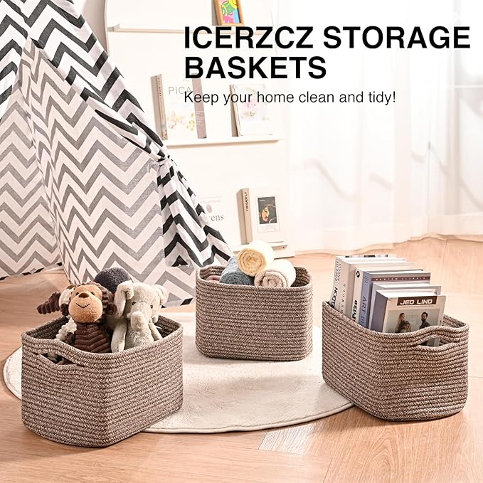 Storage Baskets for Shelves Organizing, Woven Cotton Rope Baskets for Storage, Book Basket, Decorative Shelf Basket, 12.5"Lx9.1''Wx7.9''H (4 Packs) Dark Brown-Ruum Studio Home